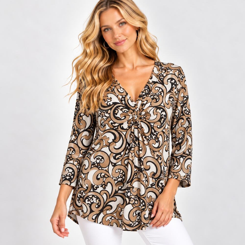 Susan Graver Liquid Knit Blouse Women's Size L Tan Paisley Boho Office Casual